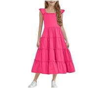 Mrat Girls Dress Summer Square Neck Dresses Ruffled Puff Sleeve A-Line Skirt Kids Solid Casual Birthday Party Wedding 3-13 Years Elegant Summer Clothes Little Bridesmaids Princess Prom Petticoat Deals