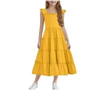 Mrat Girls Dresses Double Layer Ruffled Sleeves Kids Summer Cotton Festival A Line Swing Dress Casual Round Neck Dresses Girls 3-13 Years Solid Color Big Kids Sale Clearance Ruffle Hem Midi Dress Deal