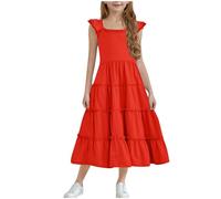 Mrat Girls Dresses Double Layer Ruffled Sleeves Kids Summer Cotton Festival A Line Swing Dress Casual Round Neck Dresses Girls 3-13 Years Solid Color Big Kids Sale Clearance Ruffle Hem Midi Dress Deal