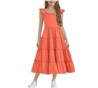 Mrat Girls Dresses Ruffle Sleeves Summer Kid Maxi Dress A-Line Swing Flared Tiered Dress Elegant Party Evening Children Festive Dresses Dance Casual Round Neck Sundress Twirly Skater School 3-13 Years