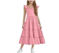 Mrat Girls Dresses Ruffle Sleeves Summer Kid Maxi Dress A-Line Swing Flared Tiered Dress Elegant Party Children Festive Dresses Dance Casual Round Neck Sundress Twirly Skater School 3-13 Years