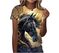 Mrat Horses Racing Shirts for Women Equestrian Shirts Short Sleeve Tunic Tops Crew Neck Tee Loose Comfy Lightweight Top Riding Club Inspired Weekend Outings & Country Events Competition Workout S-5XL