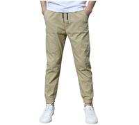 Mrat Kids Boys Trousers Cotton Linen Elasticated Waist Joggers Cargo Pants with Pockets Drawstring Outdoor Casual Slim Fit Tracksuit Bottoms Childrens School Sports Games Breathable 4-12 Years