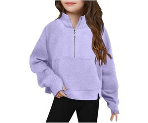 Mrat Kids Girls Boys Half Zip Sweatshirt with Thumb Hole Long Sleeve Lightweight Pullover Tops Toddler Fleece Hoodies Children Y2K Oversized Sweatshirts Pockets School Athletic Outwear Age 5-14 Years