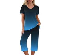 Mrat Ladies Capri Pyjama Set Womens 2 Piece Outfits Co Ord Sets Short Sleeve T Shirts Tops Cropped Trousers with Pockets Gradient Loungewear Sleepwear Pjs Sets Lightweight Soft Comfy Nightwear