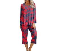 Mrat Ladies Capri Pyjama Set Womens Sleepwear Loungewear Floral Print Pjs Sets Long Sleeve Tops + Cropped Trousers with Pockets 2 Pieces Outfits Comfy Soft Leisure Suits Co Ord Sets Homewear