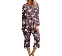 Mrat Ladies Capri Pyjama Set Womens Sleepwear Loungewear Floral Print Pjs Sets Long Sleeve Tops + Cropped Trousers with Pockets 2 Pieces Outfits Comfy Soft Leisure Suits Co Ord Sets Homewear