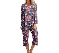 Mrat Ladies Capri Pyjama Set Womens Sleepwear Loungewear Floral Print Pjs Sets Long Sleeve Tops + Cropped Trousers with Pockets 2 Pieces Outfits Comfy Soft Leisure Suits Co Ord Sets Homewear