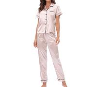 Mrat Ladies Pyjamas Set Womens Silk Satin Pajamas Set Soft Two Piece Outfits Solid Color Sleepwear Pjs Sets Short Sleeve Lapel Button Down Tops Wide Leg Trousers Nightwear Comfy Sets