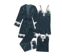 Mrat Ladies Pyjamas Set Womens Velvet Pajamas Set 4PCS Sexy Lace Trim Sleepwear Robe Spaghetti Straps Camisole Dressing Gown Wide Leg Trousers Loungewear Nightdress with Chest Pad Homewear