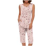 Mrat Ladies Pyjamas Sleepwear Lightweight Pjs Sets Womens Sleeveless Vest Tank Tops Wide Leg Capri Cropped Pants Two Pieces Outfits Sets Nightwear Floral Print Trousers Suits Loungewear Homewear