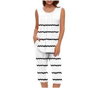Mrat Ladies Pyjamas Sleepwear Lightweight Pjs Sets Womens Sleeveless Vest Tank Tops Wide Leg Capri Cropped Pants Two Pieces Outfits Sets Nightwear Floral Print Trousers Suits Loungewear Homewear