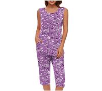 Mrat Ladies Pyjamas Sleepwear Lightweight Pjs Sets Womens Sleeveless Vest Tank Tops Wide Leg Capri Cropped Pants Two Pieces Outfits Sets Nightwear Floral Print Trousers Suits Loungewear Homewear
