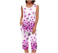 Mrat Ladies Pyjamas Sleepwear Lightweight Pjs Sets Womens Sleeveless Vest Tank Tops Wide Leg Capri Cropped Pants Two Pieces Outfits Sets Nightwear Floral Print Trousers Suits Loungewear Homewear
