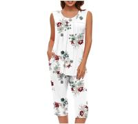 Mrat Ladies Pyjamas Sleepwear Lightweight Pjs Sets Womens Sleeveless Vest Tank Tops Wide Leg Capri Cropped Pants Two Pieces Outfits Sets Nightwear Floral Print Trousers Suits Loungewear Homewear