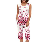Mrat Ladies Pyjamas Sleepwear Lightweight Pjs Sets Womens Sleeveless Vest Tank Tops Wide Leg Capri Cropped Pants Two Pieces Outfits Sets Nightwear Floral Print Trousers Suits Loungewear Homewear