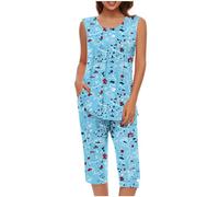 Mrat Ladies Pyjamas Sleepwear Lightweight Pjs Sets Womens Sleeveless Vest Tank Tops Wide Leg Capri Cropped Pants Two Pieces Outfits Sets Nightwear Floral Print Trousers Suits Loungewear Homewear