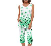 Mrat Ladies Pyjamas Sleepwear Lightweight Pjs Sets Womens Sleeveless Vest Tank Tops Wide Leg Capri Cropped Pants Two Pieces Outfits Sets Nightwear Floral Print Trousers Suits Loungewear Homewear