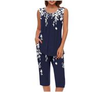 Mrat Ladies Pyjamas Sleepwear Lightweight Pjs Sets Womens Sleeveless Vest Tank Tops Wide Leg Capri Cropped Pants Two Pieces Outfits Sets Nightwear Floral Print Trousers Suits Loungewear Homewear