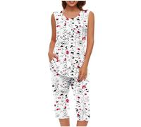 Mrat Ladies Pyjamas Sleepwear Lightweight Pjs Sets Womens Sleeveless Vest Tank Tops Wide Leg Capri Cropped Pants Two Pieces Outfits Sets Nightwear Floral Print Trousers Suits Loungewear Homewear