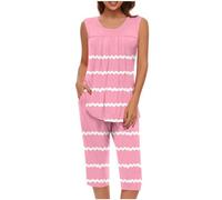 Mrat Ladies Pyjamas Sleepwear Lightweight Pjs Sets Womens Sleeveless Vest Tank Tops Wide Leg Capri Cropped Pants Two Pieces Outfits Sets Nightwear Floral Print Trousers Suits Loungewear Homewear