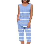 Mrat Ladies Pyjamas Sleepwear Lightweight Pjs Sets Womens Sleeveless Vest Tank Tops Wide Leg Capri Cropped Pants Two Pieces Outfits Sets Nightwear Floral Print Trousers Suits Loungewear Homewear