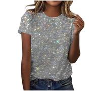 Mrat Ladies Sparkly Tops Womens Sequins Print Tunic Tops Short Sleeve Round Neck Shirts Shiny Comfy Loose Casual Blouse Elegant Gradient Blouses Slim Fit Pullover Club Party UK Size 16