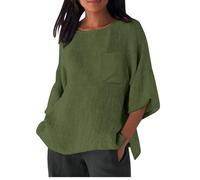 Mrat Linen Tops for Women UK Sale 3/4 Sleeve Round Neck T Shirts Summer Casual Loose Fit Dressy Blouses with Pockets Oversized Tunic Tops Side Split Vintage Tshirts Ligntweight Soft Tees Office Work