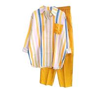 Mrat Lounge Wear Sets for Women UK Long Sleeve Button Down Shirts Straight Leg Pants Summer Comfy Co Ord Set Tracksuits Ladies Striped Floral Oversized Trousers Suit Beach Going Out Holiday Activewear