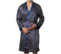 Mrat Luxury Men’s Dressing Gown Satin Casual Lightweight Bathrobe Long Sleeves Checked Homewear Robe with Belt Pockets Silk Nightwear Sleepwear Pyjamas Long Kimono Hotel Spa Comfy Soft Nightgown