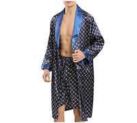 Mrat Luxury Men’s Dressing Gown Satin Casual Lightweight Bathrobe Long Sleeves Checked Homewear Robe with Belt Pockets Silk Nightwear Sleepwear Pyjamas Long Kimono Hotel Spa Comfy Soft Nightgown