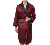 Mrat Luxury Men’s Dressing Gown Satin Casual Lightweight Bathrobe Long Sleeves Checked Homewear Robe with Belt Pockets Silk Nightwear Sleepwear Pyjamas Long Kimono Hotel Spa Comfy Soft Nightgown
