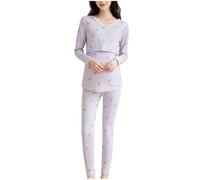 Mrat Maternity Pyjamas for Women Cotton Nursing Pyjamas Set Belt Chest Pad Adjustable Drawstring Pyjama Long Sleeve Round Neck Tops Loose Tight Wide Leg Trousers Breastfeeding Sleepwear Nightwear