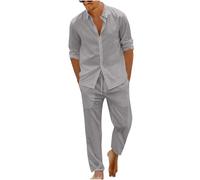 Mrat Mens Cotton Linen Tracksuit Short Sleeve Button Down Shirts Tops Drawstring Wide Leg Trousers Summer Casual Co Ord Sets Holiday Hawaiian Vacation Beach Wedding Running Sports Athletic