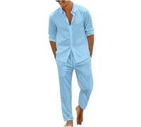 Mrat Mens Cotton Linen Tracksuit Short Sleeve Button Down Shirts Tops Drawstring Wide Leg Trousers Summer Casual Co Ord Sets Holiday Hawaiian Vacation Beach Wedding Running Sports Athletic
