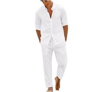 Mrat Mens Cotton Linen Tracksuit Short Sleeve Button Down Shirts Tops Drawstring Wide Leg Trousers Summer Casual Co Ord Sets Holiday Hawaiian Vacation Beach Wedding Running Sports Athletic