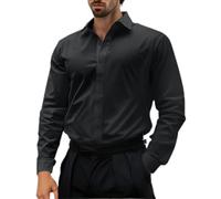 Mrat Men's Dress Shirt Long Sleeve Business Casual Classic Fit Formal Shirt Button Down Lapel Stretch Muscle Regular Fit Tops Work Office Wrinkle Free Tee Shirts Party Wedding UK Size 8-16 Black
