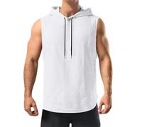 Mrat Men's Hooded Tank Tops Cut Off Drawstring Sleeveless Hoodie Solid Vests Loose Lightweight Blouses Leisure Tees Muscle Fit Beach Sports Gym Tshirt Workout Fitness Athletic Training White