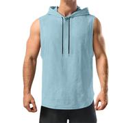 Mrat Men's Hooded Tank Tops Cut Off Drawstring Sleeveless Hoodie Solid Vests Loose Lightweight Blouses Leisure Tees Muscle Fit Beach Sports Gym Tshirt Workout Fitness Athletic Training Blue