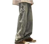 Mrat Men's Jeans Y2k Hip Hop Baggy Pants Straight Leg Stars Graphic Denim Trousers Vintage High Waisted Trousers Emo Grunge Pants Pockets Streetwear Dance Skate Biker Jeans Loose Casual Stretch Pants