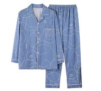 Mrat Men's Loungewear Pyjamas Sets Oversized Plaid Two Pieces Outfits Long Sleeve Lapel Button Down Shirt Top Wide Leg Trousers Suits Sleepwear Comfy Soft Pjs Sets Lightweight Loose L-5XL