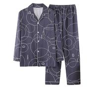 Mrat Men's Loungewear Pyjamas Sets Oversized Plaid Two Pieces Outfits Long Sleeve Lapel Button Down Shirt Top Wide Leg Trousers Suits Sleepwear Comfy Soft Pjs Sets Lightweight Loose L-5XL