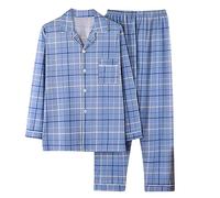 Mrat Men's Loungewear Pyjamas Sets Oversized Plaid Two Pieces Outfits Long Sleeve Lapel Button Down Shirt Top Wide Leg Trousers Suits Sleepwear Comfy Soft Pjs Sets Lightweight Loose L-5XL
