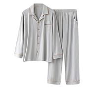 Mrat Men's Pyjamas Set Modal Cotton Soft Pjs Set Long Sleeve Button Down Shirt Top Loungewear Wide Leg Trousers Suits Classic 2 Piece Pjs Breathable Comfy Co Ord Sets Nightwear Plus Size 5XL