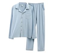 Mrat Men's Pyjamas Set Modal Cotton Soft Pjs Set Long Sleeve Button Down Shirt Top Loungewear Wide Leg Trousers Suits Classic 2 Piece Pjs Breathable Comfy Co Ord Sets Nightwear Plus Size 5XL