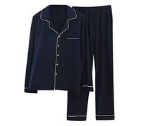 Mrat Men's Pyjamas Set Modal Cotton Soft Pjs Set Long Sleeve Button Down Shirt Top Loungewear Wide Leg Trousers Suits Classic 2 Piece Pjs Breathable Comfy Co Ord Sets Nightwear Plus Size 5XL