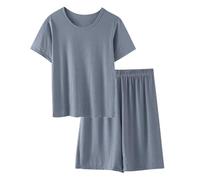 Mrat Mens Pyjamas Sets Short Sleeve Crewneck Top + Wide Leg Shorts Comfy Soft Casual 2 Piece Outfits Men's Summer Pjs Sets Sleepwear Nightwear Loungewear Homewear Lightweight Gym Solid Uk L-4XL Blue