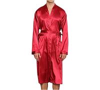 Mrat Men's Satin Kimono Robe Oversized Luxury Dressing Gown Lightweight Sleepwear Pyjamas for Men Silk Soft Comfy Nightgown Long Sleeve Cosy Bath Robe with Belt Pockets Bridesmaid Wedding Pyjamas