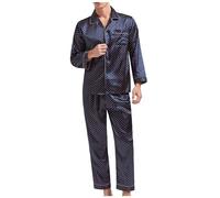 Mrat Mens Silk Satin Pyjamas Set Polka Dot Two-Pieces Outfits Long Sleeve Button Down Lapel Shirt Tops Sleepwear Wide Leg Bottoms Loungewear Nightwear Pjs Sets Soft Lightweight Pajamas Plus Size