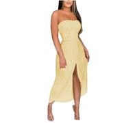 Mrat Midi Dress for Women UK Sexy Boob Tube Plain Dresses Bandeau Long Strapless Elegant Slim Fit Sleeveless Bodycon Dresses Split Eyelet Hollow Dresses Club Party Cocktail Night Out Clubwear Sale